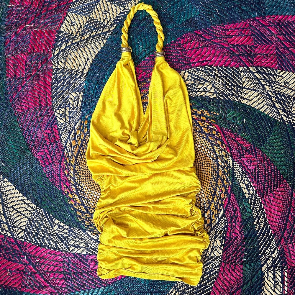 Early 2000s Marciano Yellow Ruched Mini Dress Size Small